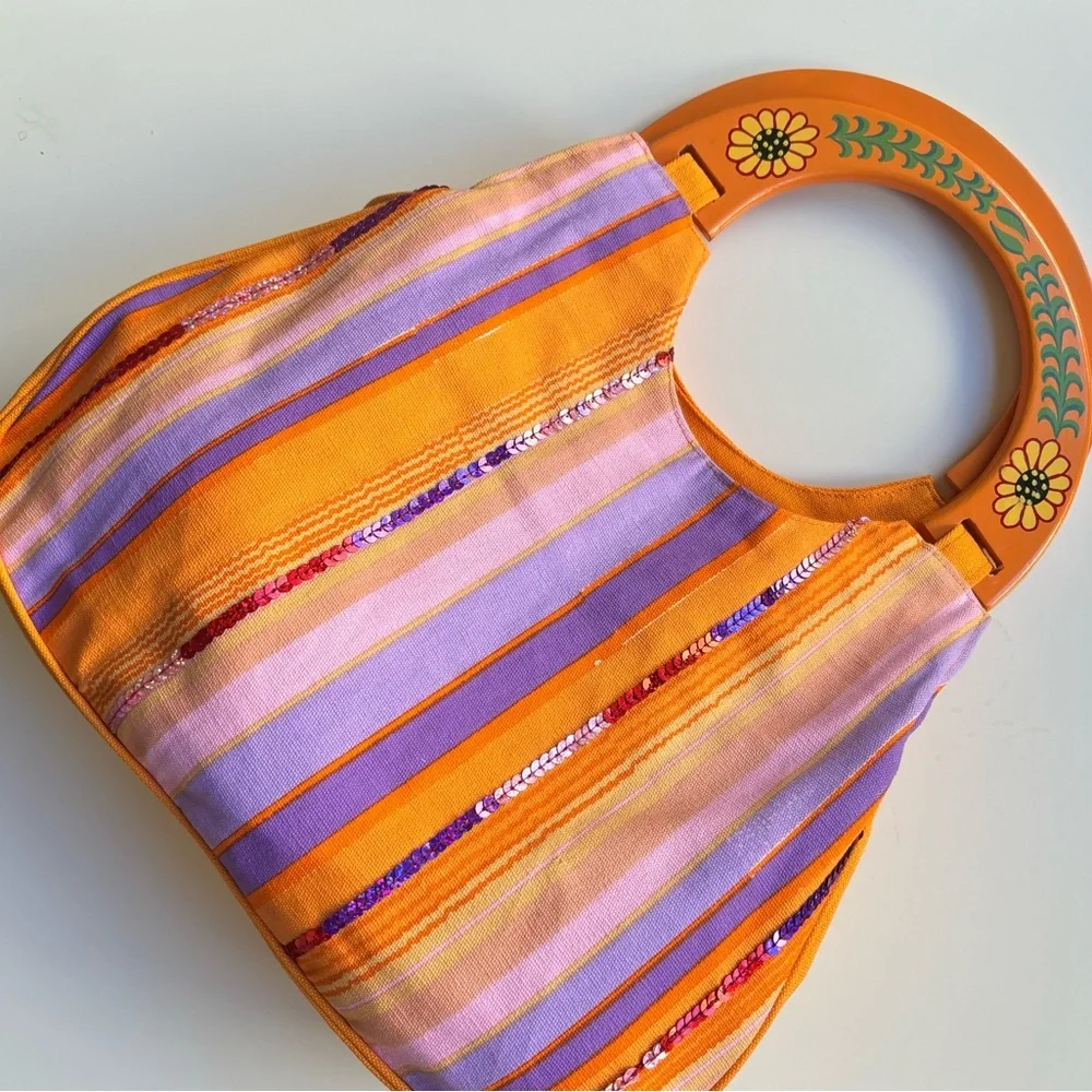 Hand-Painted Wooden Handle Boho Striped Bag - Picture 6 of 9